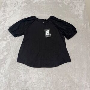 NWT Who What Wear Black Puff Sleeve Top Blouse Size L‎ New Cotton Polyester